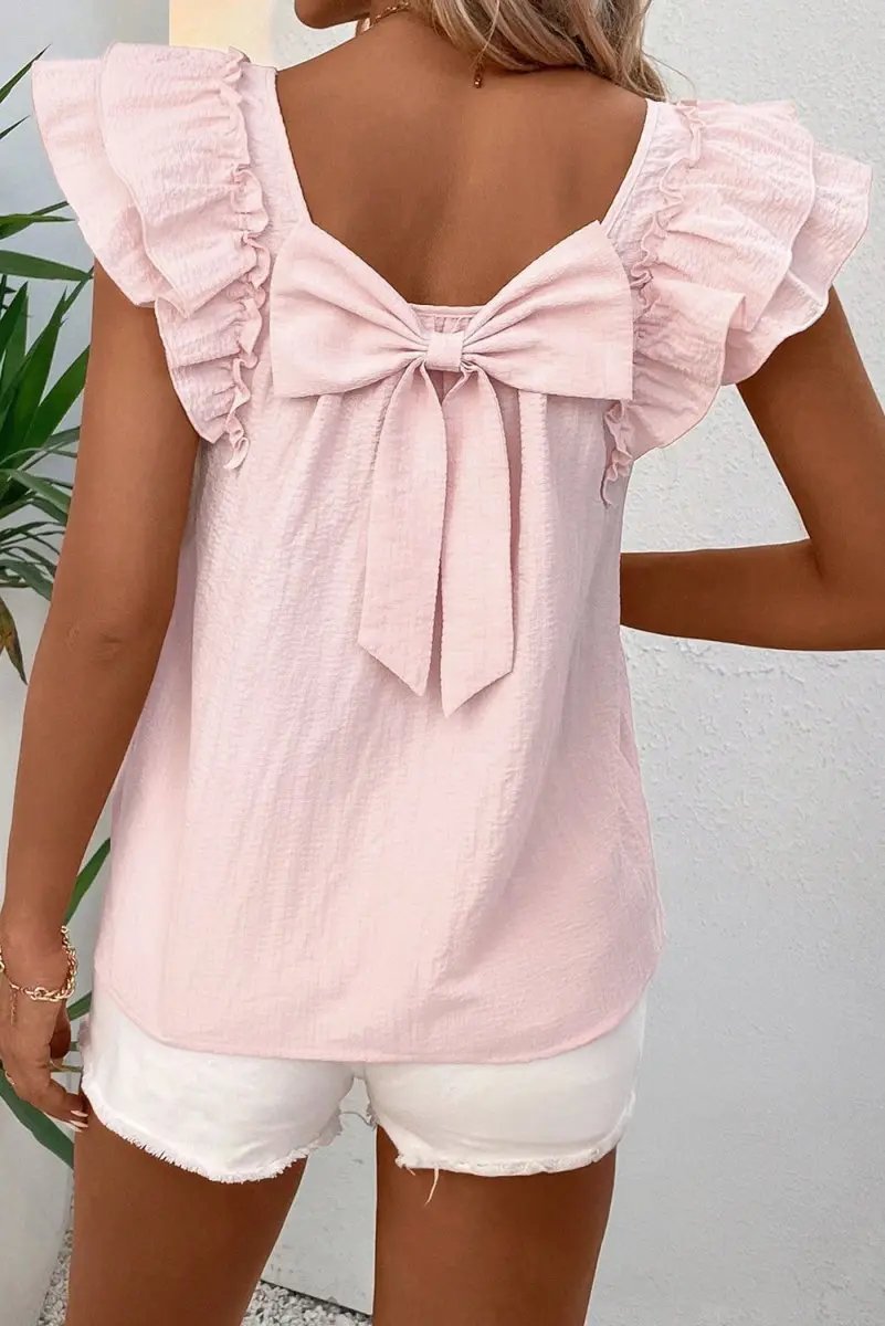 Gossamer Pink Textured Bow Knot Frilled Butterfly Sleeve Blouse - Love Salve